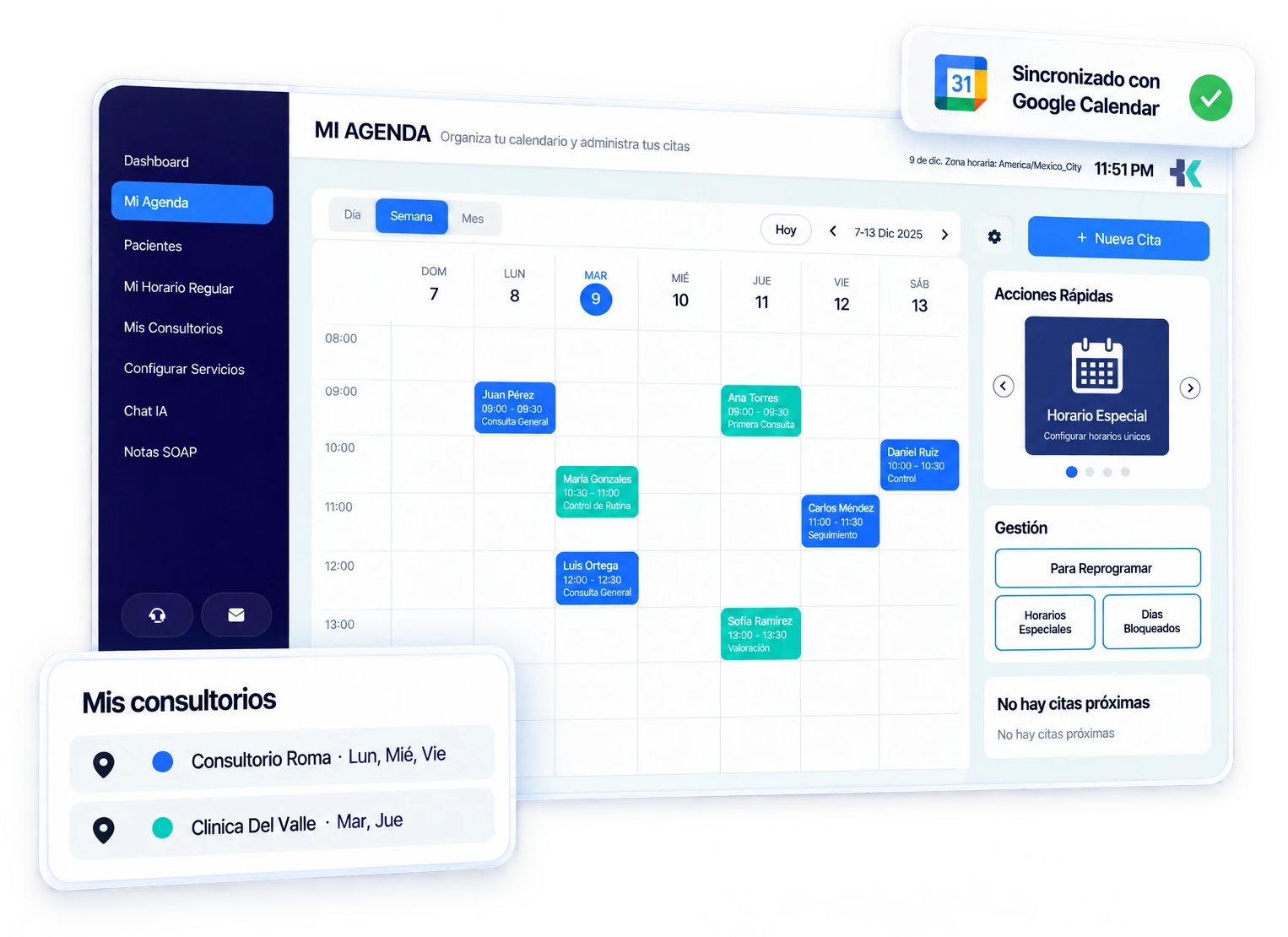 Agenda semanal de Kardia con varios consultorios y sincronización con Google Calendar