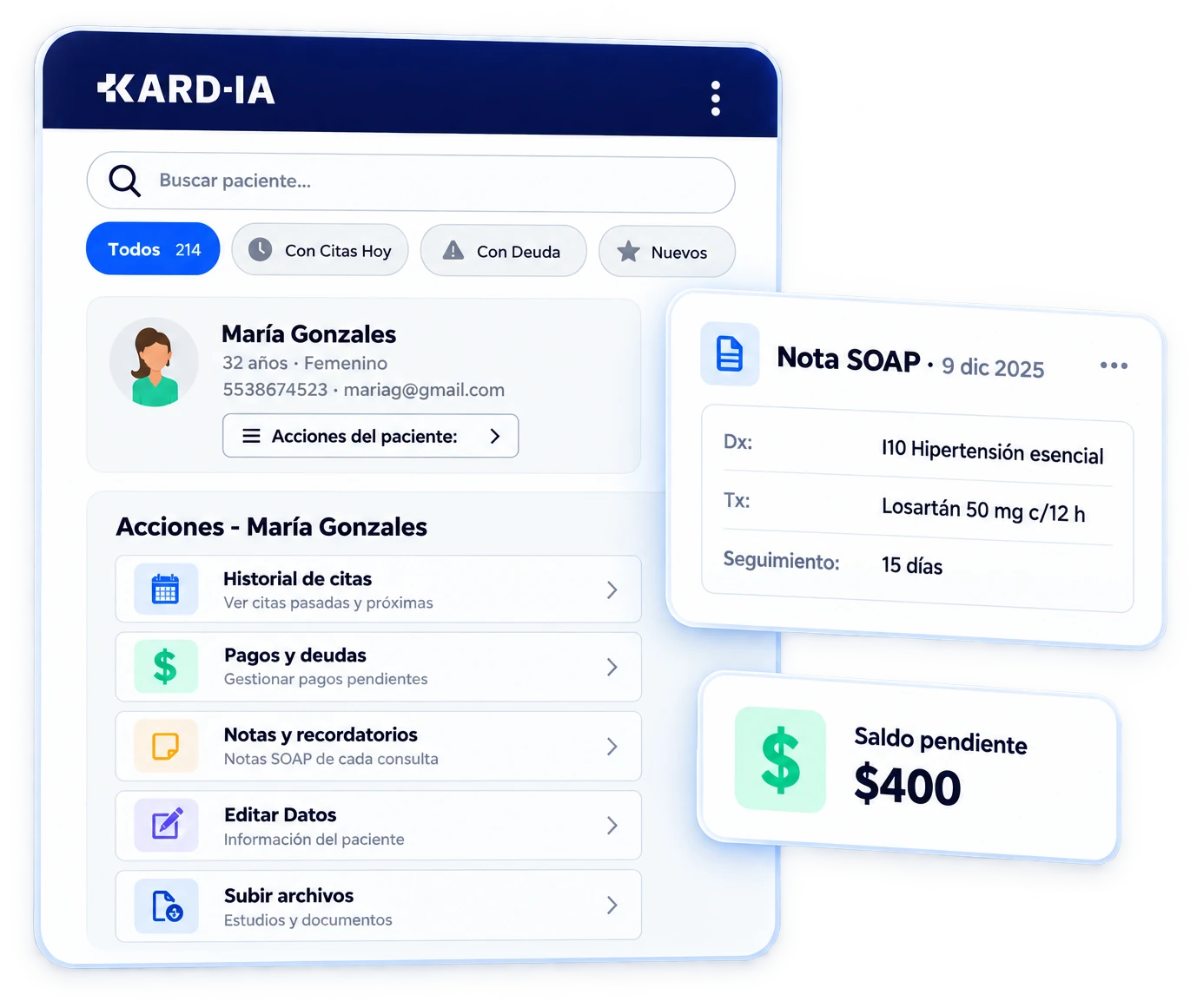 Expediente de un paciente en Kardia con su nota SOAP y saldo pendiente