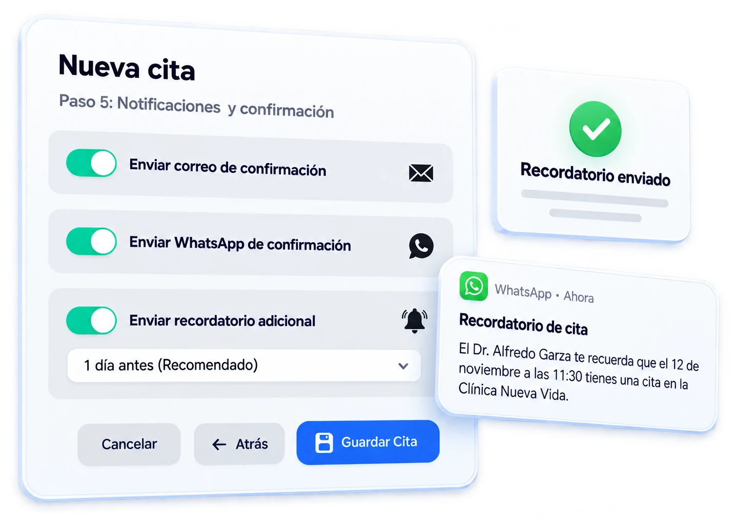 Configuración de recordatorios de cita y notificación enviada por WhatsApp