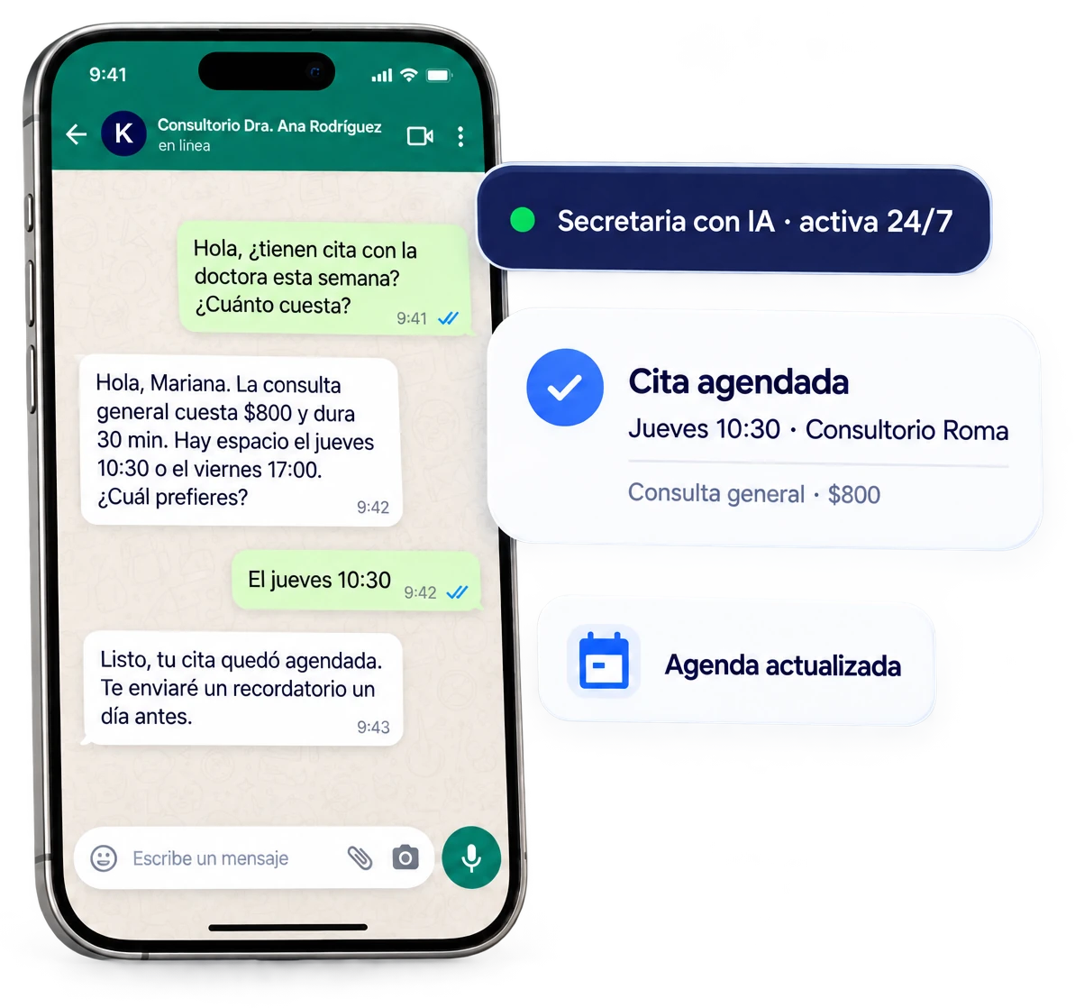 Conversación de WhatsApp donde la secretaria con IA de Kardia agenda una cita