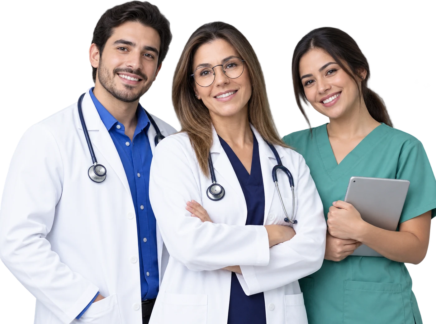 Equipo de una clínica: dos médicos y una asistente